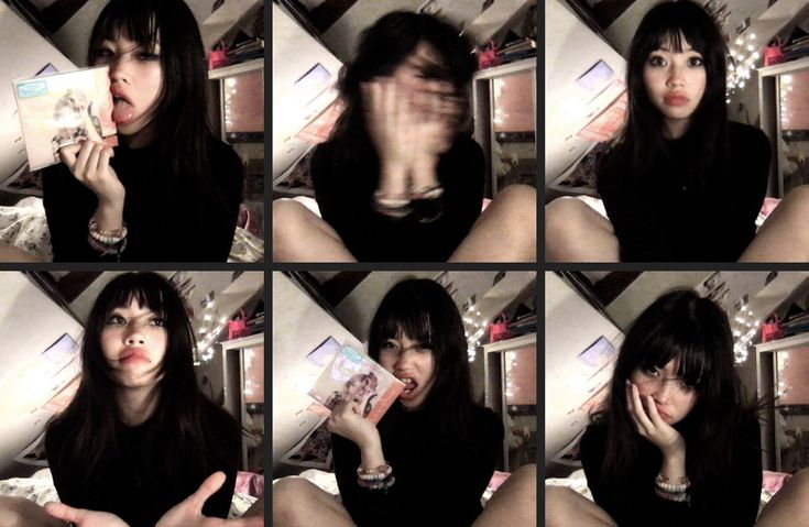 multiple pictures of a woman making funny faces with her hand on her face and holding a book in front of her mouth