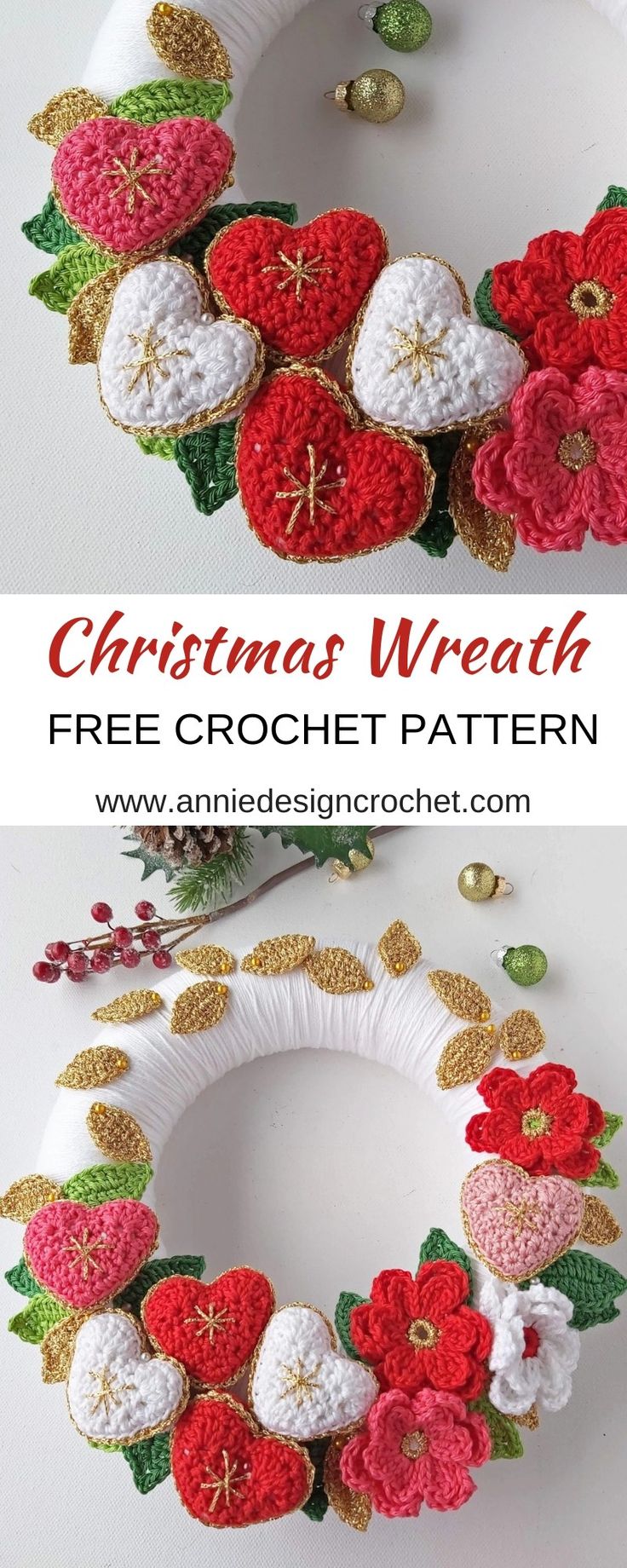 crochet christmas wreath with poinsettis and bells on the front, free crochet pattern