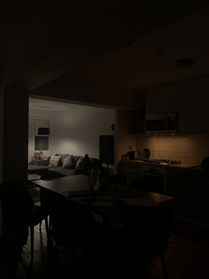 a dimly lit living room and kitchen area in a dark room with wood flooring