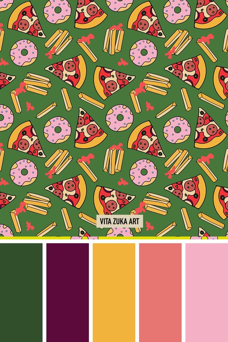 the color scheme is green, pink and yellow with donuts on them in different colors