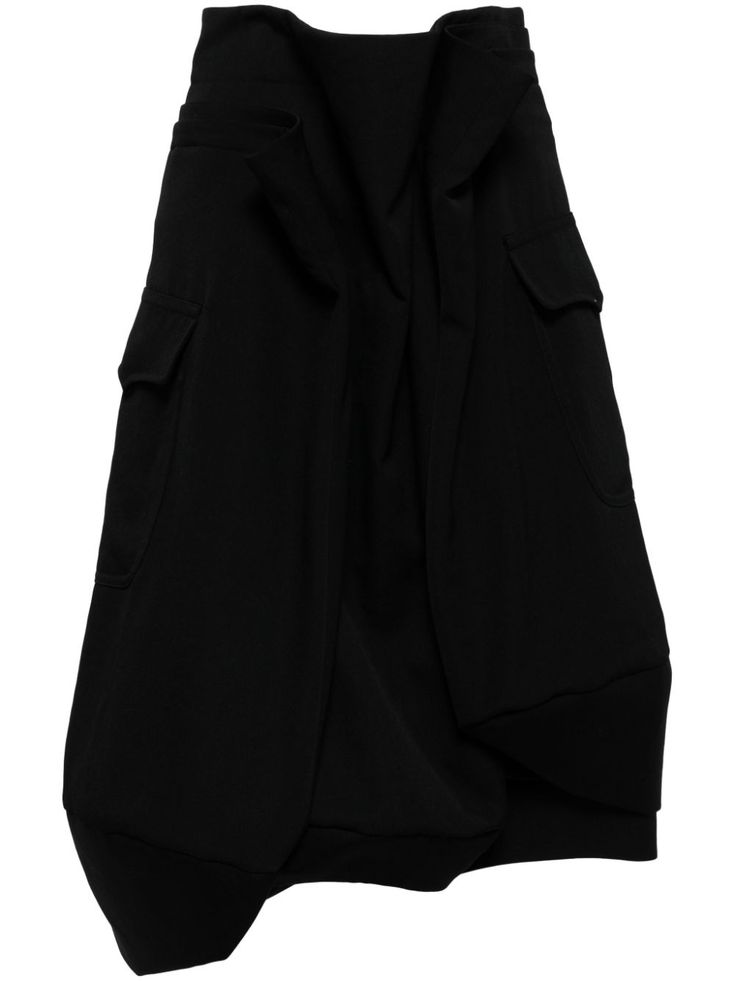 black wool asymmetric design gathered detailing two side cargo pockets asymmetric hem concealed rear zip fastening Wool Midi Skirt, Midi Skirt Black, Yoko London, Versace Outfit, City Dress, Black Midi Skirt, Asymmetrical Design, Summer Beach Wear, Skirt Black