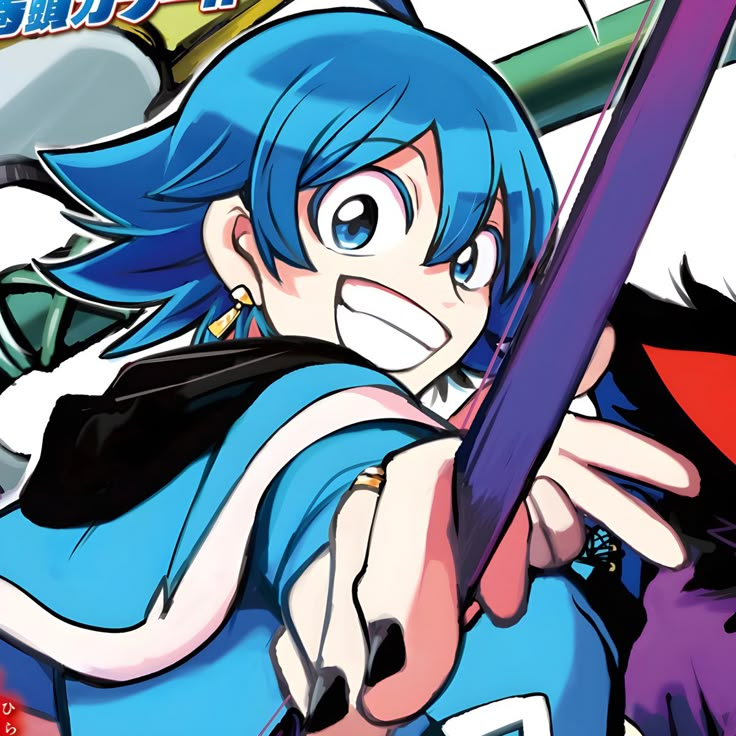 an anime character with blue hair holding a baseball bat