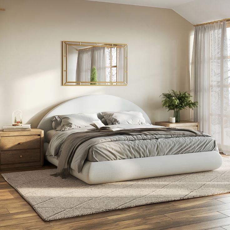 a large white bed sitting on top of a hard wood floor next to a window