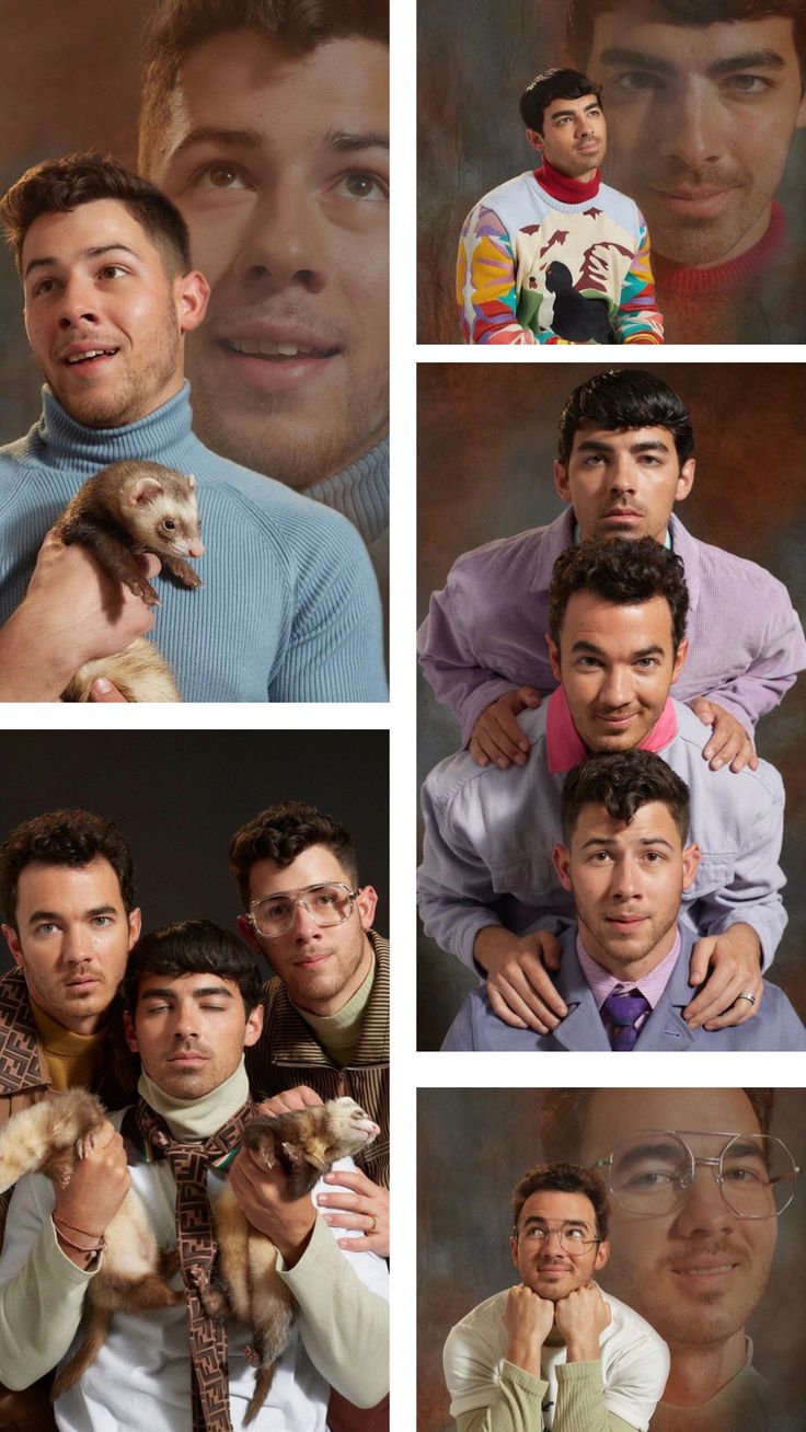 multiple pictures of men with different expressions and hair styles, one is holding a cat