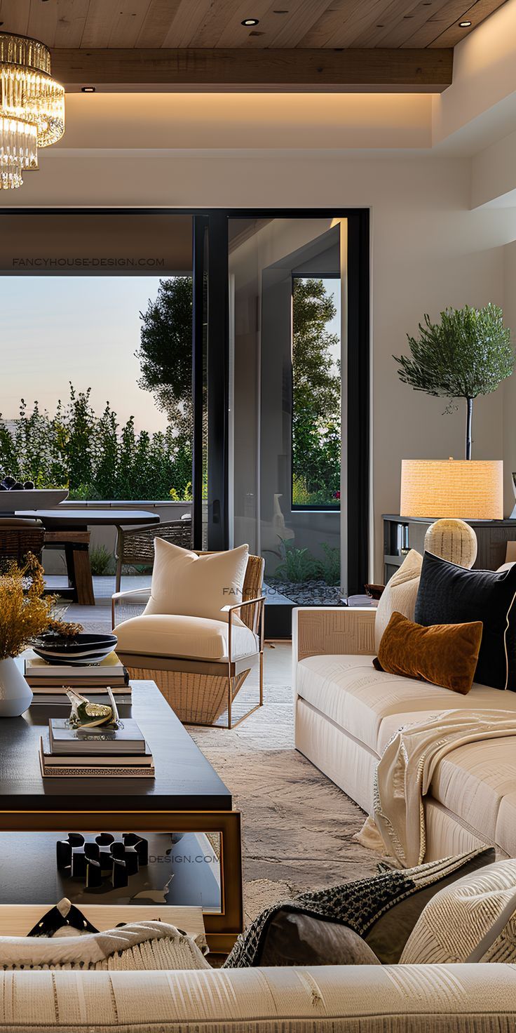 a living room filled with lots of furniture and a chandelier hanging from the ceiling