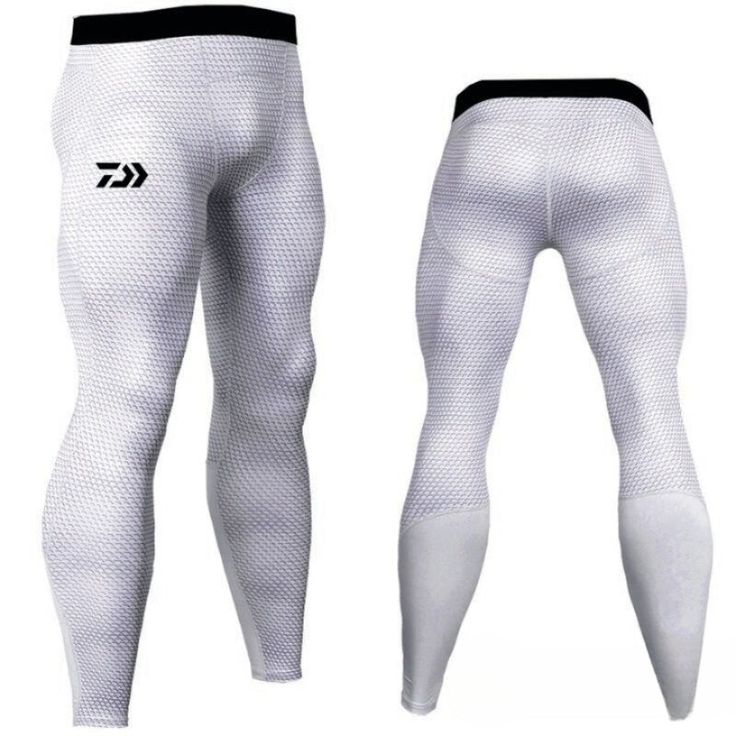 men's white tight pants with black trims and logo on the leggings