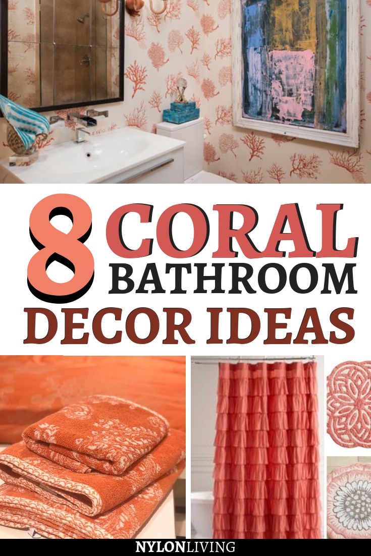 coral bathroom decor ideas with text overlay