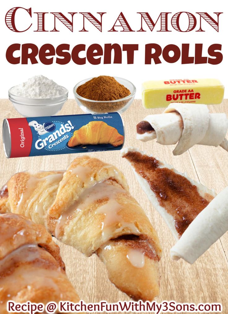 an advertisement for cinnamon crescent rolls on a wooden table