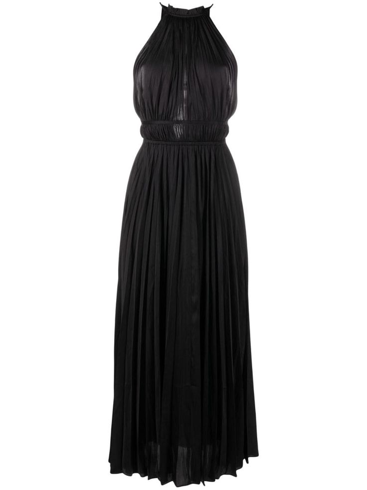 black fully pleated round neck sleeveless rear tie fastening flared skirt maxi straight hem Summer Satin Maxi Dress With Pleated Back, Silk Maxi Dress With Pleated Back For Cocktail, Silk Pleated Maxi Dress For Gala, Silk Ruched Pleated Evening Dress, Party Maxi Dress With Pleated Waist, Party Floor-length Maxi Dress With Pleated Waist, Silk Pleated Waist Dress For Evening, Floor-length Pleated Bodice Dress For Party, Floor-length Pleated Bodice Evening Dress