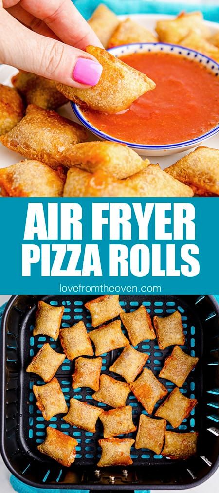 air fryer pizza rolls with dipping sauce in the middle and an image of fried food on