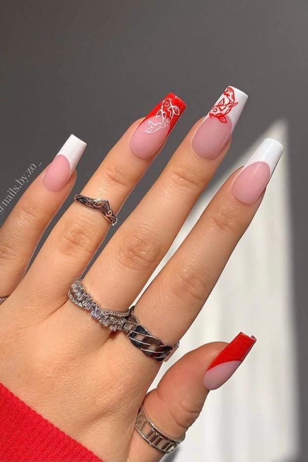 Red And White Nails, Dragon Nails, Red Acrylic Nails, Long Acrylic Nail Designs, Red Nail Designs, Nail Tattoo, Art Summer, Fire Nails, French Tip Nails