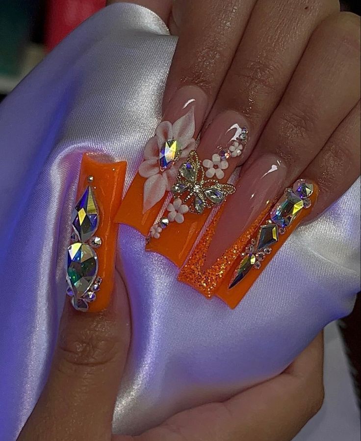 Orange Bling Nails, Nail Designs Bling, Wanna Recreate, Acrylic Nail Shapes, Long Acrylic Nail Designs, Colored Acrylic Nails, Glow Nails, Long Acrylic Nails Coffin, Exotic Nails