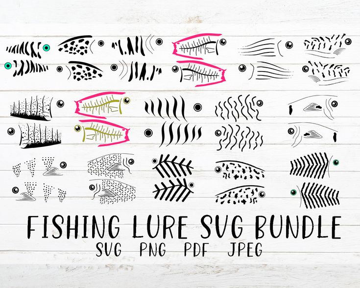 the fishing lure svg bundle is shown on a white wooden background with black and pink fish