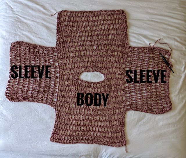 two pieces of crocheted cloth with the words sleeve, sleeve and body written on them