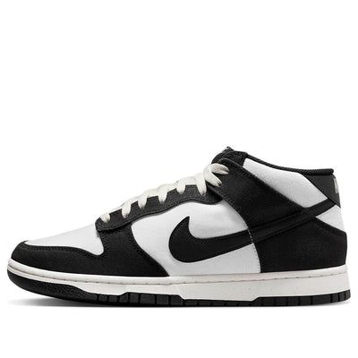 The Nike Dunk Mid 'Panda' is a classic silhouette with a sail, black and sail black colourway. This product features a canvas base, leather swooshes and heel, mesh tongue and lining. The spotted midsole on the solid rubber outsole completes the design. This sneaker is perfect for casual everyday use, as well as for more active activities. The inspiration behind the design comes from the iconic panda, and is part of the Nike Dunk series. The Nike Dunk Mid 'Panda' is a stylish and timeless sneaker for adults. Black Canvas Sneakers With Contrast Sole, Black Mesh High-top Sneakers With Contrast Sole, Nike Canvas High-top Streetwear Sneakers, Nike Canvas High-top Sneakers For Streetwear, Black Mesh High-top Sneakers With Rubber Sole, Black Lace-up Skate Shoes With Rubber Heel Cap, Black Urban Skate Shoes With Contrast Sole, Black Canvas Shoes With Round Toe, Modern Black Canvas High-top Sneakers