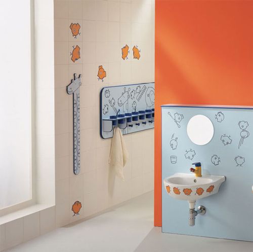 a bathroom with orange walls and white flooring has an umbrella sticker on the wall