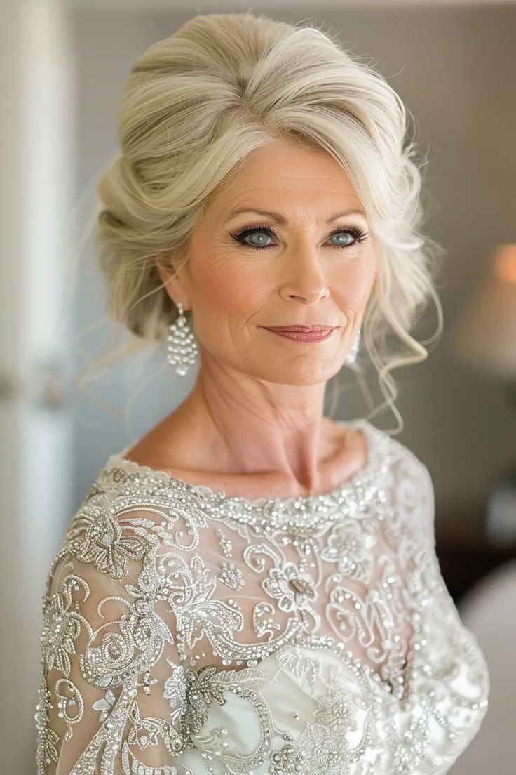 17 Simple & Stunning Hairstyles for the Mother of the Bride - NeedleStar Bouffant Wedding Hair, Hairdo For Mom Of The Bride, Grandma Hairstyles For Wedding, Big Hair For Wedding, Grandmother Hairstyles Wedding, Mother Of The Bride Up Do Hairstyles, Mother Of The Groom Hair Ideas, Grandmother Of The Bride Hairstyles, Hairstyle For Mother Of The Bride