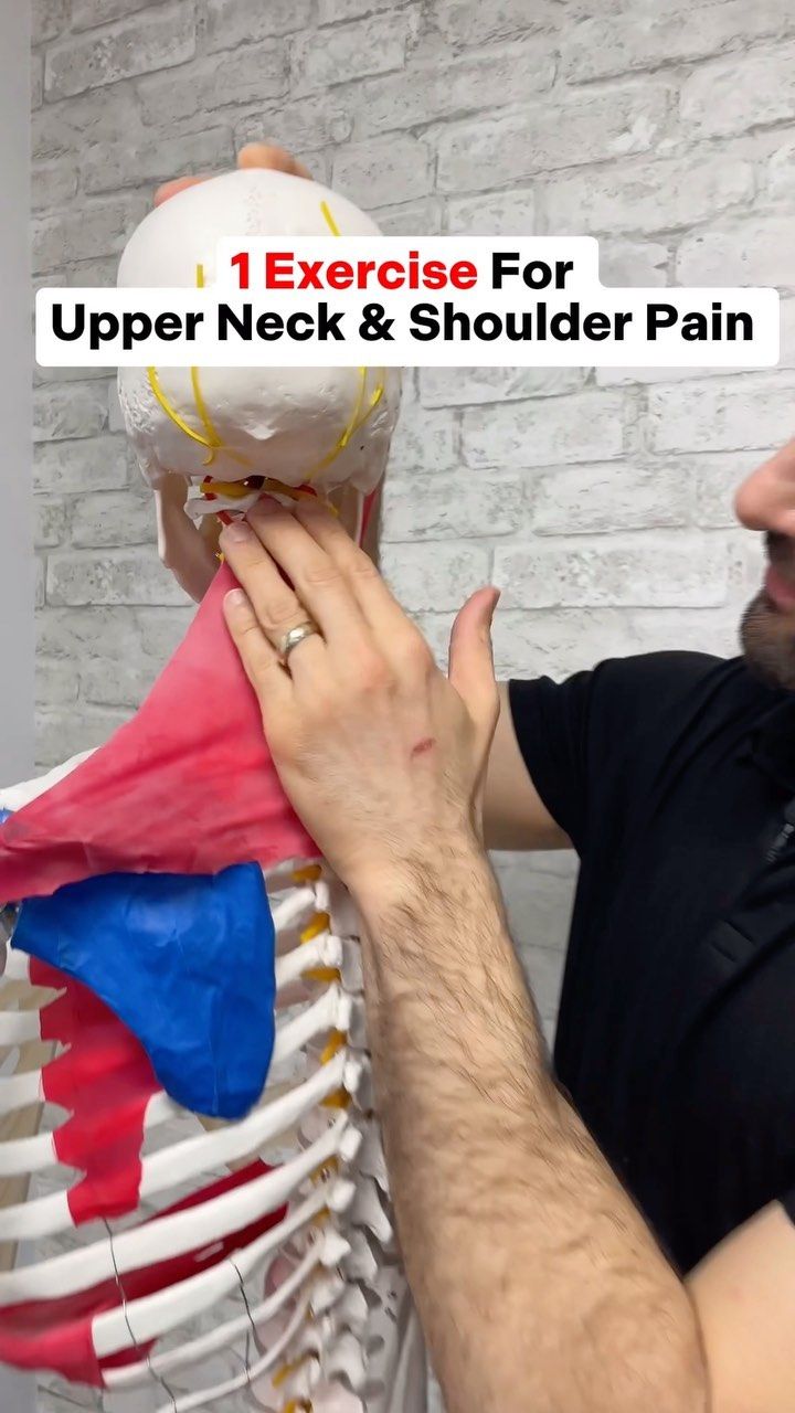 the upper neck and shoulder are shown with text overlay that reads, 1 exercise for upper neck & shoulder pain