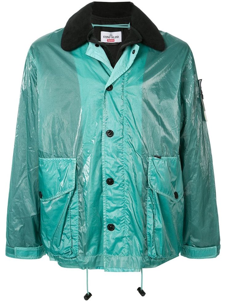 Can't deal with the rainy weather just yet? Supreme and Stone Island have you covered with this black and teal New Silk Light jacket. And now you are street-ready. Featuring a contrasting collar, a snap button closure, long sleeves, a logo to the left arm, side flap pockets, a printed logo to the rear, a drawstring hem and touch strap cuff detailing. | Supreme x Stone Island New Silk Light jacket North Face Mountain Jacket, Vintage Stone Island, Supreme Clothing, Designer Jackets For Men, Rainy Weather, Mens Designer Fashion, Work Jackets, Jacket Design, Stone Island