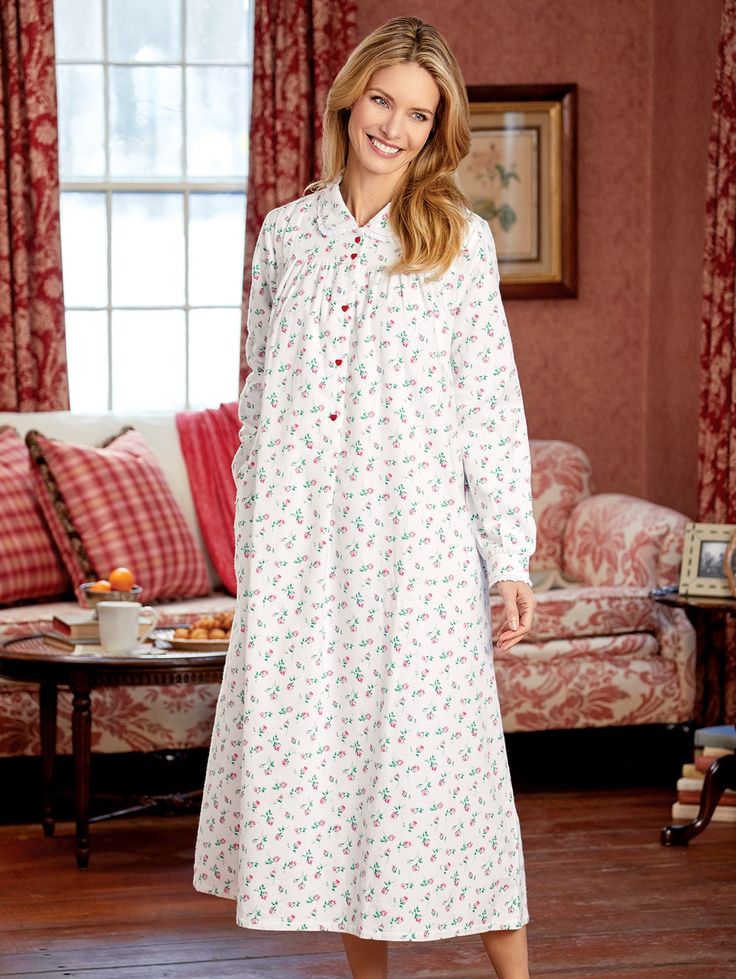 Every day (and night) is extra special when wearing this romantic floral gown. It has all the details you love from Lanz - a pretty Peter Pan collar, a button placket for easy on/off, white eyelet lace trim, and sweet heart-shaped buttons. A soft silhouette and release pleats along the front yoke ensure the nightgown fits comfortably and never binds. This item runs large; please order one size down to ensure the best fit. Classic nightgown from Lanz of Salzburg Beautiful, sweetheart rose print P Flannel Nightgown, Eileen West, Cotton Nightgown, Floral Gown, Sleepwear Sets, White Eyelet, Eyelet Lace, Salzburg, Rose Print