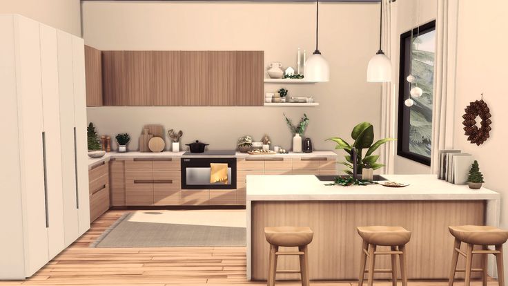 an artist's rendering of a modern kitchen with stools and countertop space