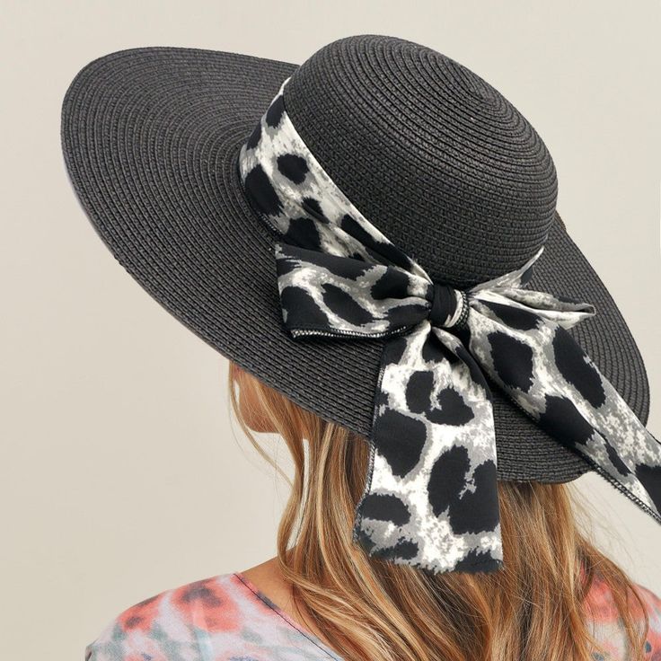 Stay stylish and cool with this fashionable paper straw wide brim hat. With its adjustable drawstring, one size fits most, and brim width of 4.5", this hat is perfect for shielding you from the sun while still looking great. The unique animal print ribbon adds fun and flair to any outfit. Beach Safari Sun Hat With Wide Brim, Black Wide Brim Straw Hat For Rodeo, Safari Sun Hat With Upf 50+ And Curved Brim, Casual Leopard Print Summer Hat, Adjustable Leopard Print Hat With Curved Brim, Leopard Print Scarf, Printed Ribbon, Paper Straws, Brim Hat