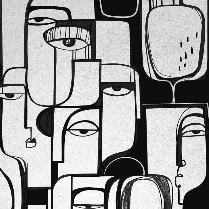 a black and white drawing of many faces