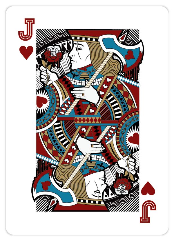 a playing card with an image of two people in the middle and one on the bottom