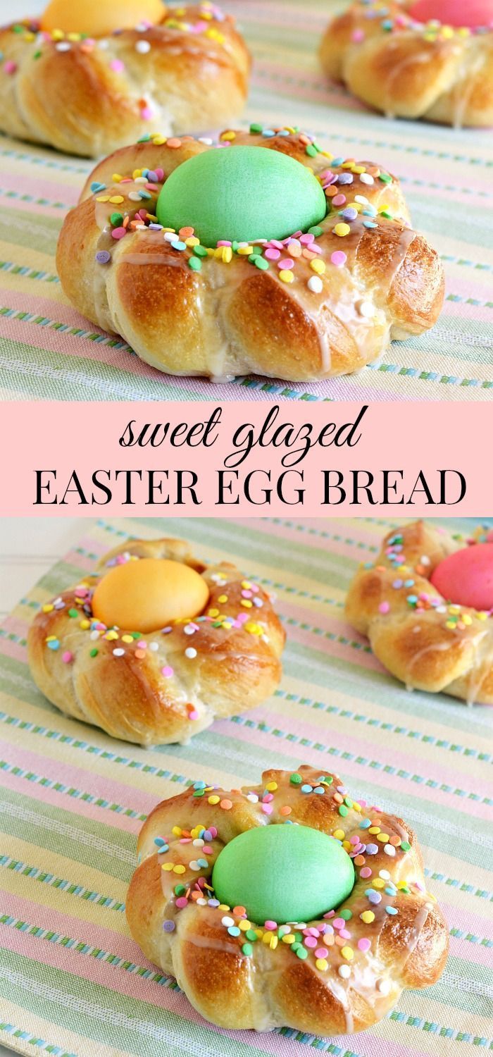 easter egg breads with sprinkles and eggs on them