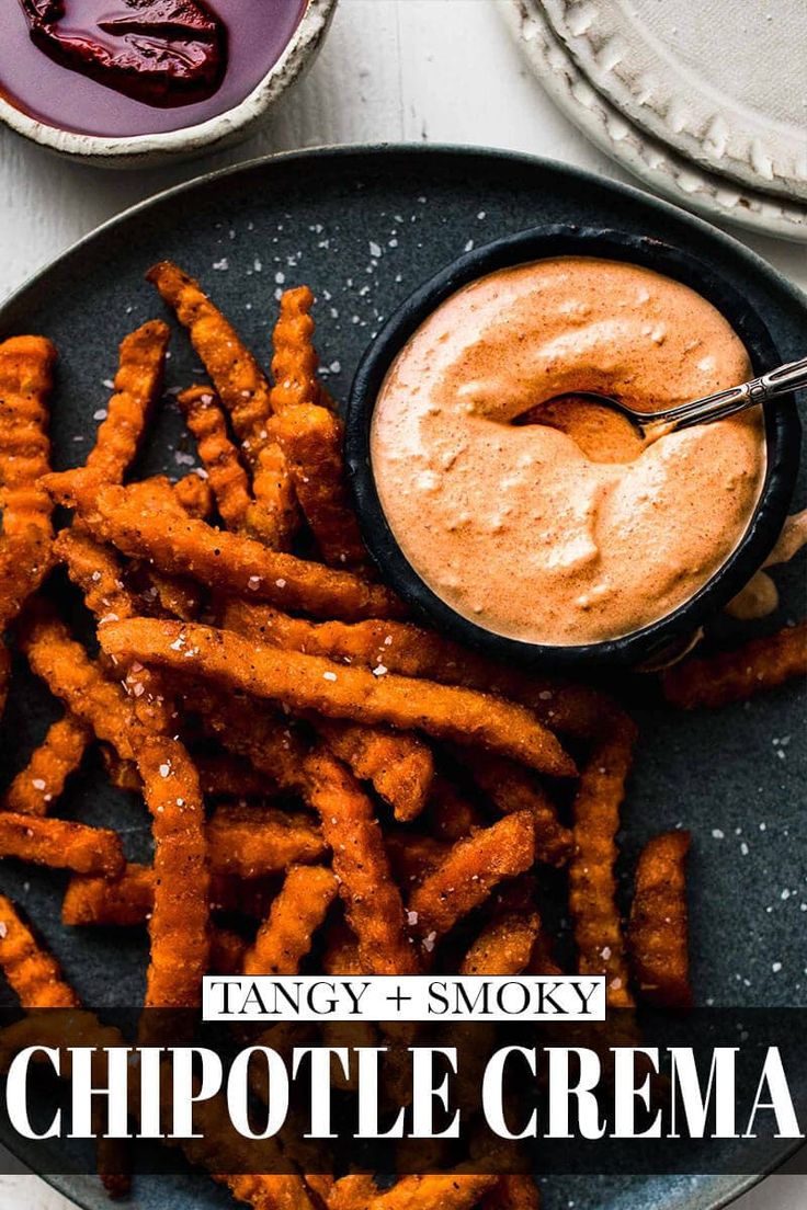 a plate with churros and dipping sauce on it