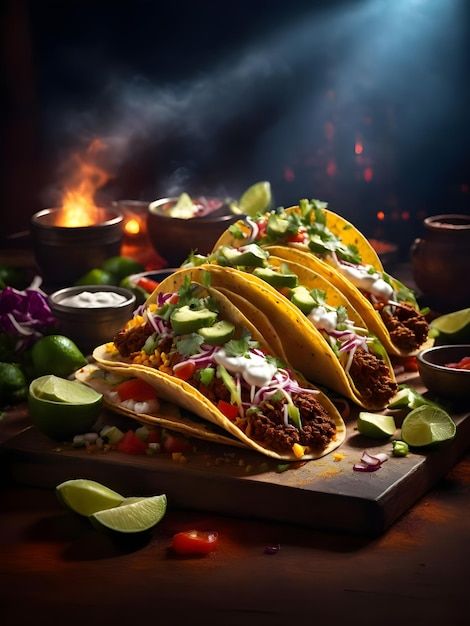 Close-up shot of beautifully arranged Mexican food tacos, showcasing vibrant colors and textures, professionally photographed in a dramatic scene. Mexican Food Tacos, Taco Images, Taco Pictures, Food Tacos, Authentic Mexican Food, Spicy Tacos, Meat And Vegetables, Mexican Tacos, Food Photoshoot