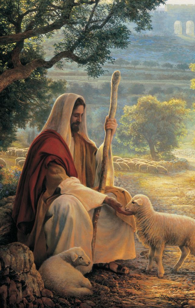 a painting of jesus with sheep and lambs in a field, holding a stick