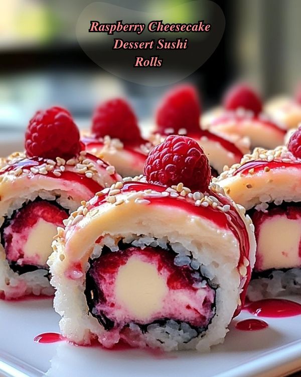 raspberry cheesecake dessert sushi rolls on a white plate