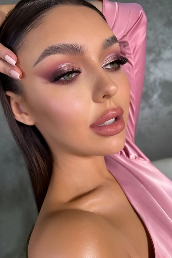 Pink Eyeshadow Soft Glam, Soft Glam Makeup Pink Eyeshadow, Makeup For A Pink Outfit, Pink Glam Eyeshadow, Pink Glamour Makeup, Pink Wedding Make Up, Makeup Pink Looks, Makeup Ideas Pink Eyeshadow, Spring Makeup 2024