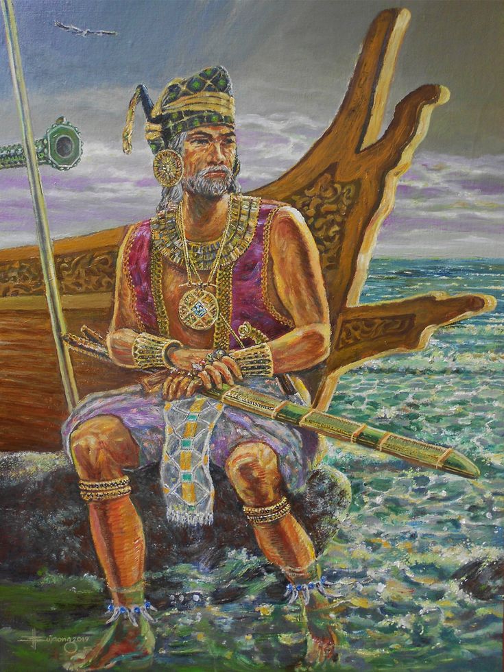 a painting of a man sitting on top of a boat in the ocean with a spear