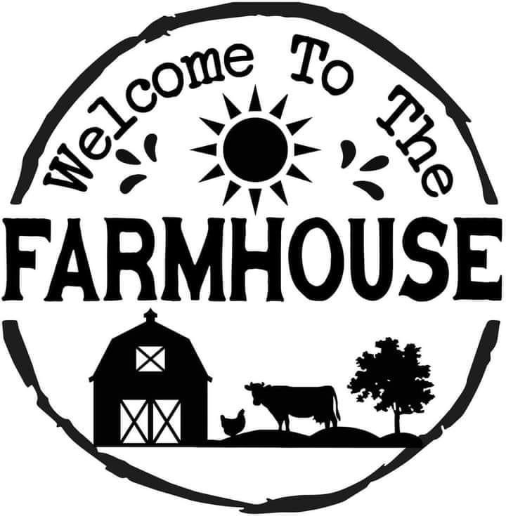 welcome to the farmhouse sign with a barn and sun in the background on a white background