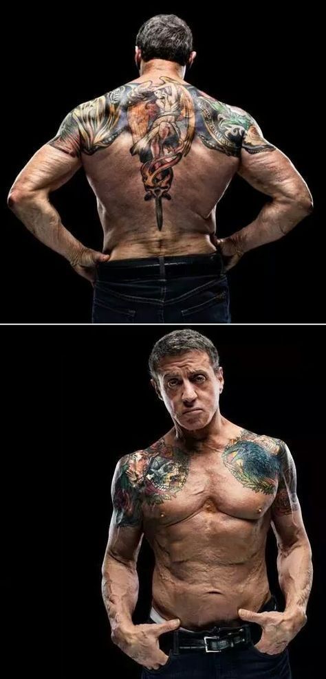 two pictures of a man with tattoos on his back and chest, both showing different stages of