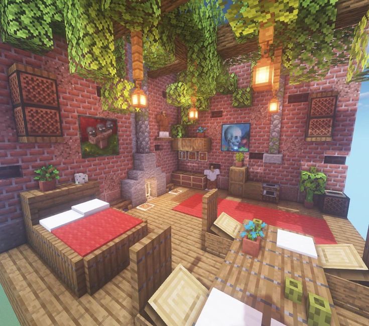 a living room filled with lots of furniture and plants on the ceiling, along with brick walls