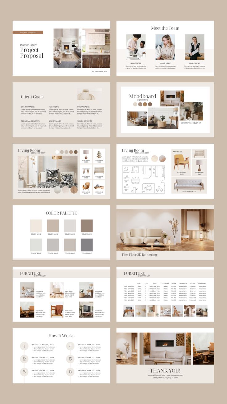 the interior design presentation is shown in white and beige colors, with neutrals on each side