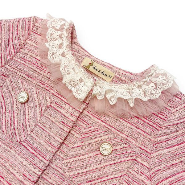 Pink tweed jacket with embellished front pockets with bow buttons and elegant lace trim. Also available in blue! Matching tweed skirt available separately. Shell: 100% polyester Lining: 100% cotton Pink Tweed Jacket With Buttons For Fall, Chic Long Sleeve Outerwear With Embellished Collar, Pink Long Sleeve Tweed Dress For Spring, Chic Pink Tweed Dress For Fall, Elegant Pink Long Sleeve Tweed Jacket, Fall Outerwear With Lace Collar, Elegant Pink Tweed Outerwear, Elegant Fall Outerwear With Lace Trim, Fall Workwear Outerwear With Lace Trim