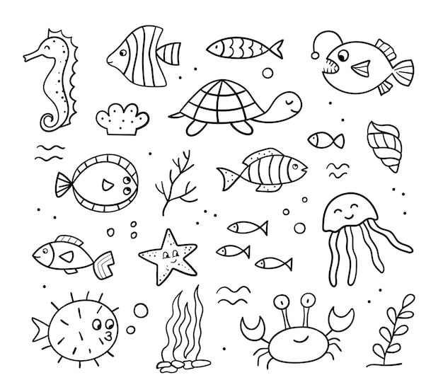 the sea animals are drawn in black and white