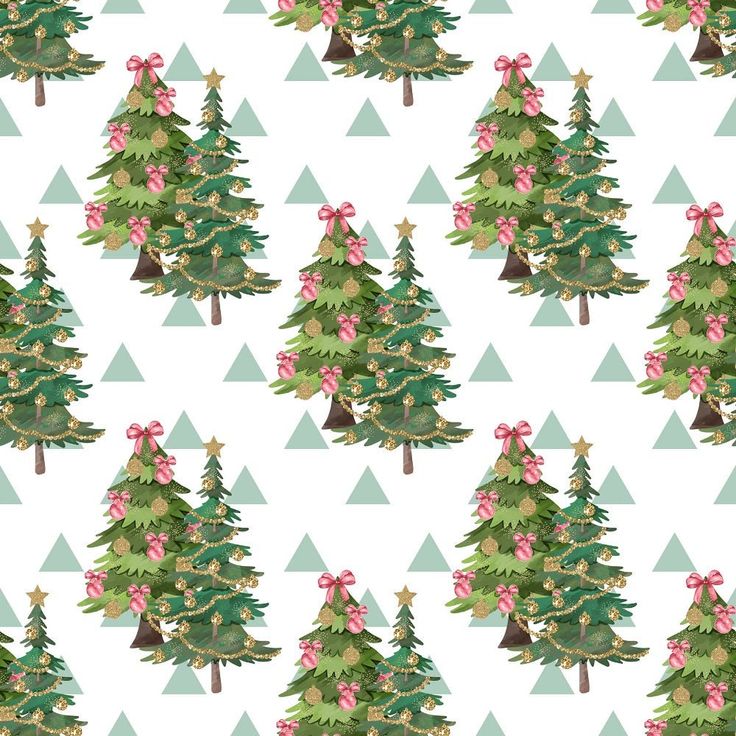 seamless christmas tree pattern with pink bows on green and blue triangles in the background