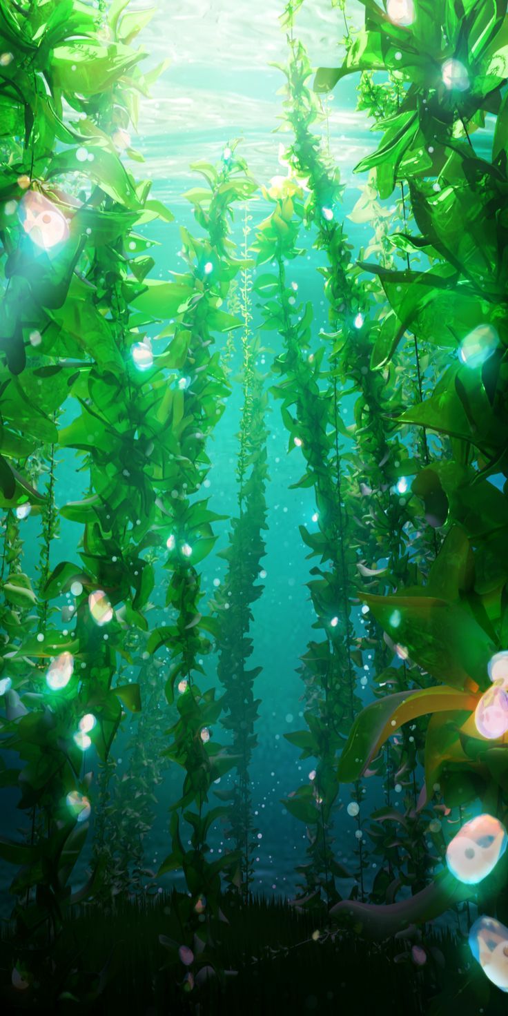 an underwater scene with green plants and water