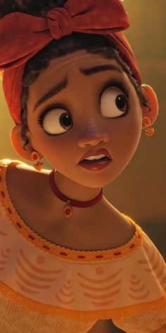 an animated woman with big eyes and a red bow on her head is staring into the distance