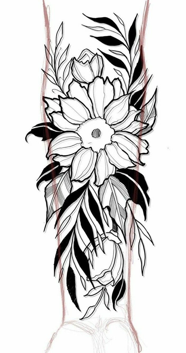 a drawing of flowers in a vase with leaves on the top and bottom half of it