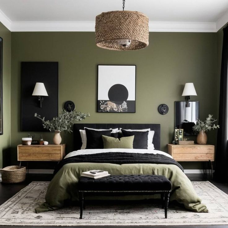 a bedroom with green walls, black and white bedding and pictures on the wall