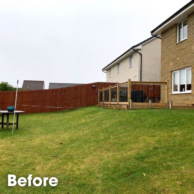 a back yard with a table and chairs in the foreground before and after remodeling