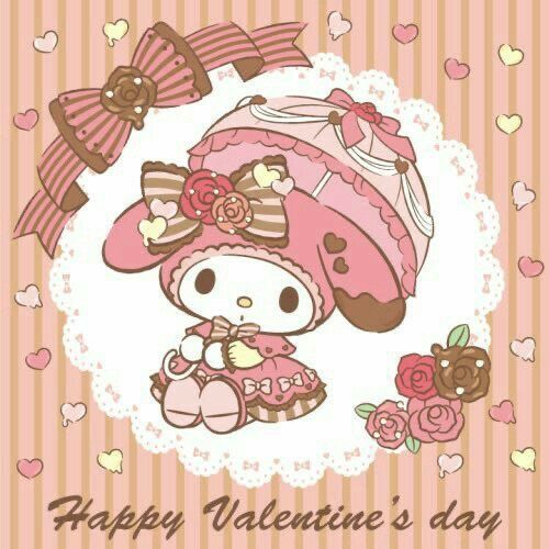 hello kitty valentine's day card with a pink hat and bow on the head