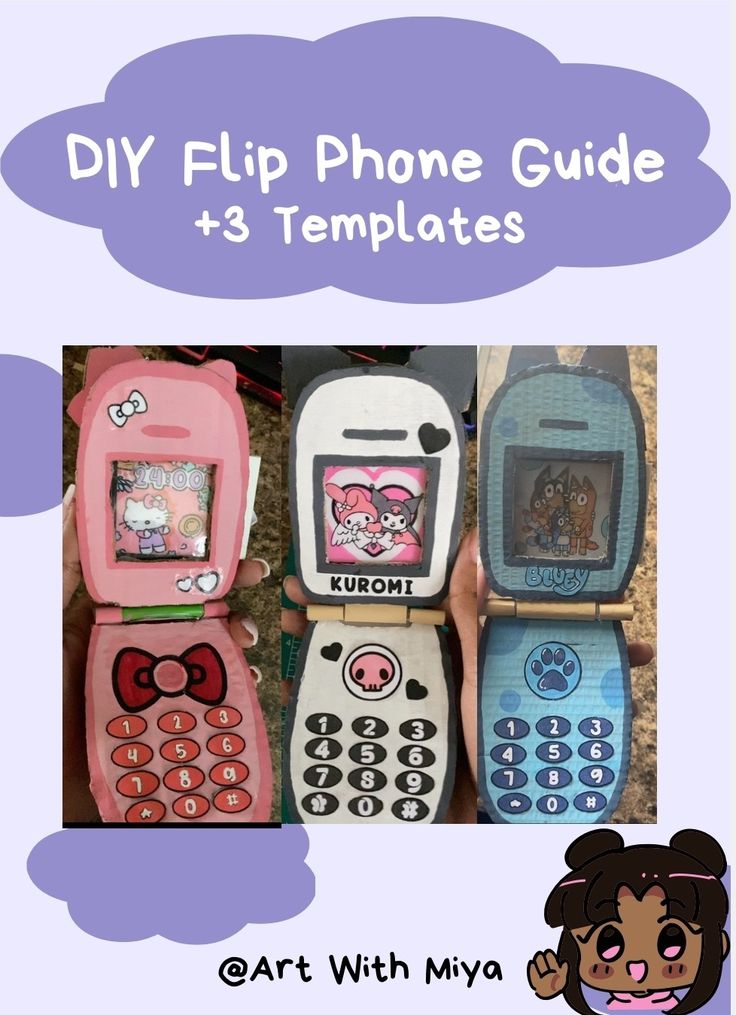 some cell phones with hello kitty on them and the text diy flip phone guide for 3 templates