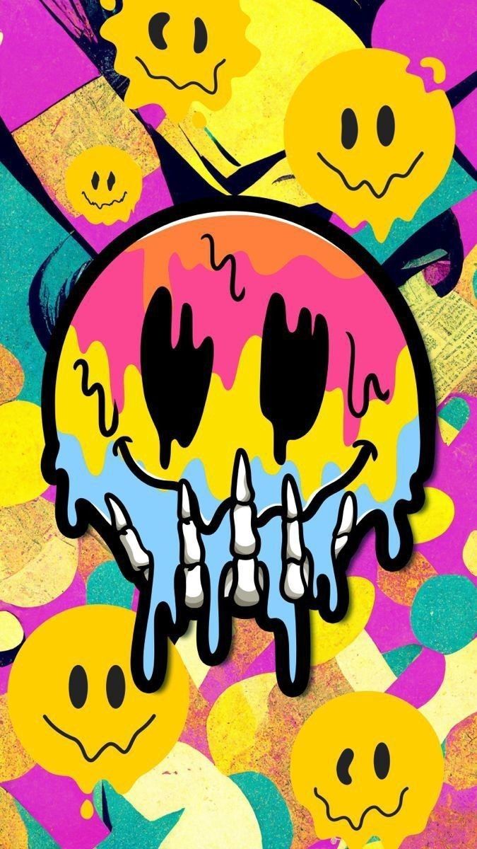 an abstract painting with smiley faces and dripping paint on the bottom, in front of a multicolored background